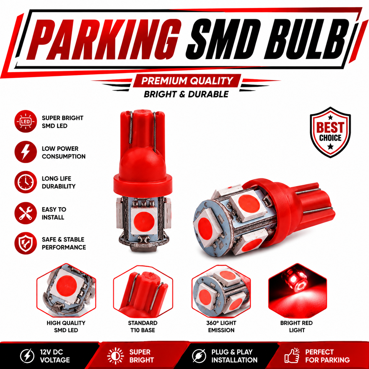 T10 Red Parking SMD LED Bulb 12V – Super Bright 5 SMD Wedge Light for Car Parking, Dashboard & Interior (2 PCS)