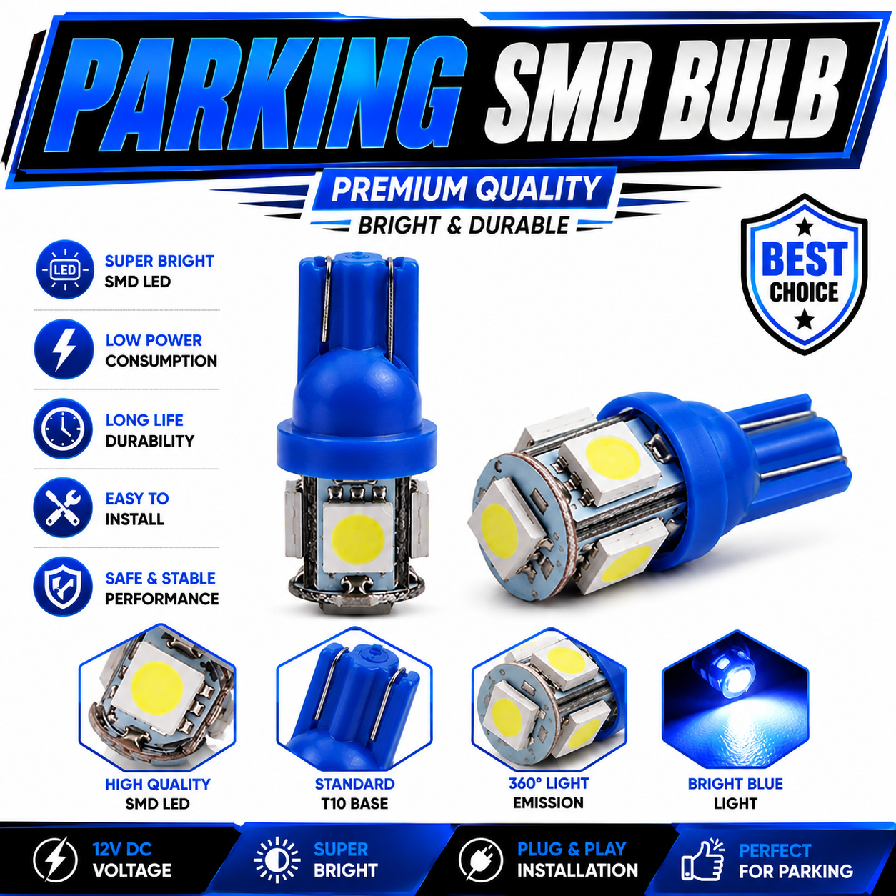 T10 Blue Parking SMD LED Bulb 12V – Super Bright 5 SMD Wedge Light for Car Parking, Dashboard & Interior (2 PCS)
