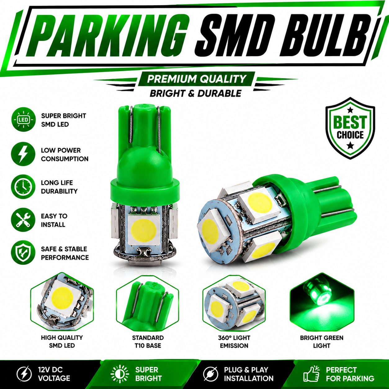 T10 Green Parking SMD LED Bulb 12V – Super Bright 5 SMD Wedge Light for Car Parking, Dashboard & Interior (2 PCS)
