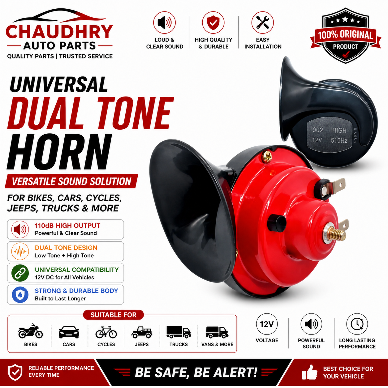 Universal Dual Tone Horn Pair 12V – High Power Car, Bike & Truck Horn