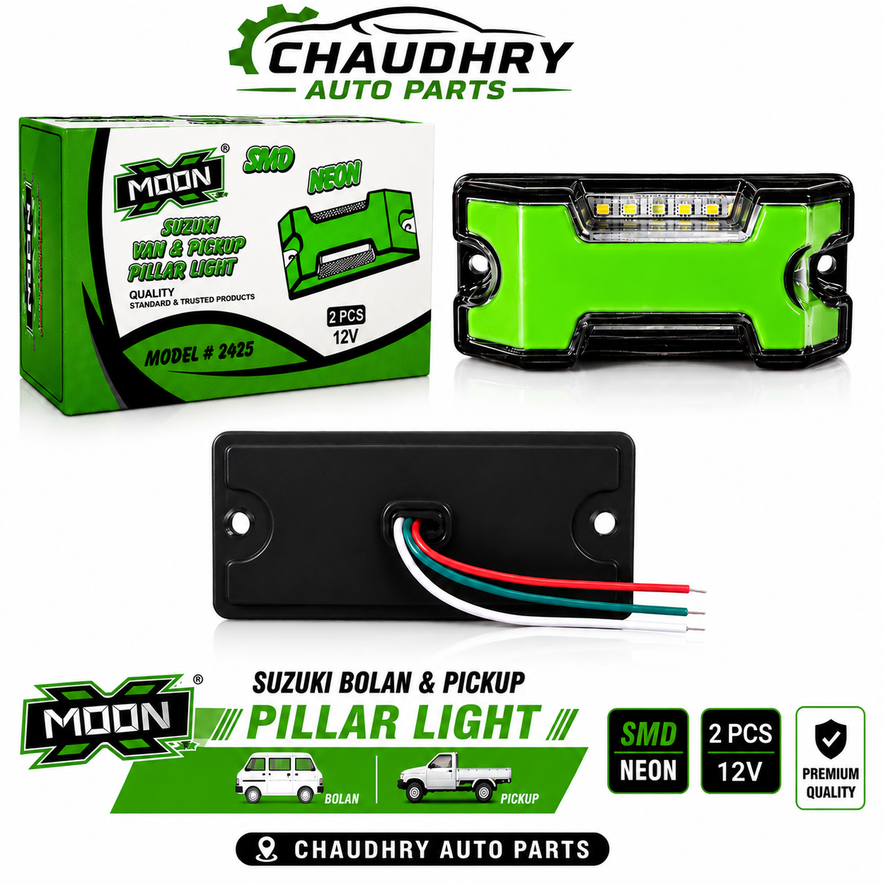 MOON Suzuki Bolan & Ravi Pickup Green SMD Neon Pillar Light 12V (2 PCS) – Model 2425