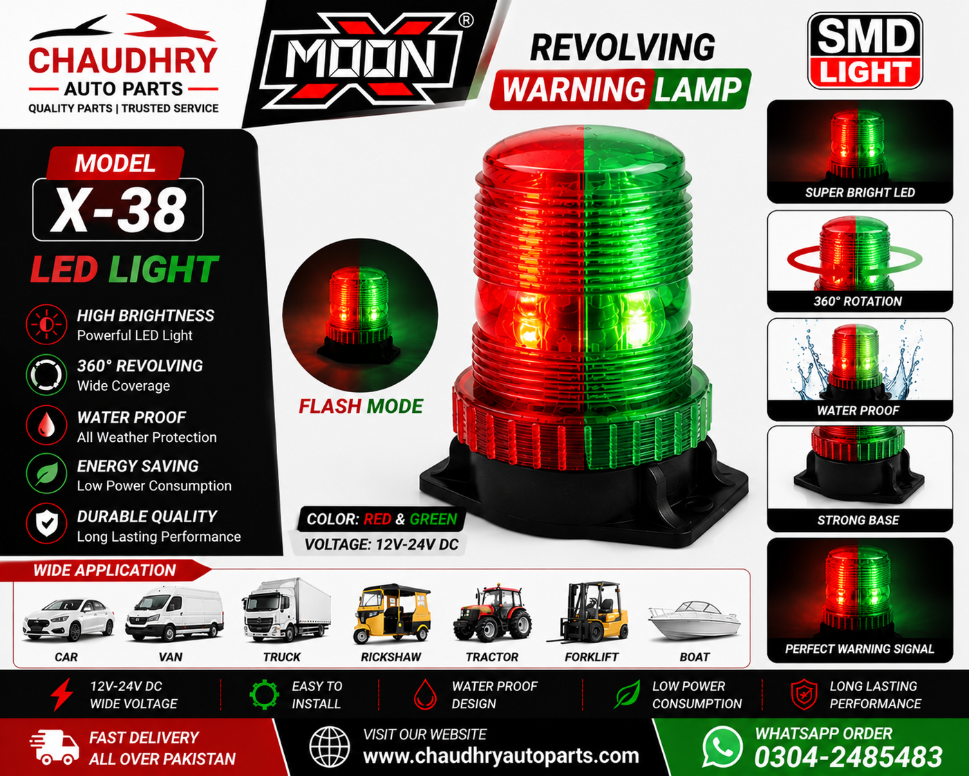 MOON X-38 Red & Green Flashing LED Warning Lamp 12V/24V | Revolving Emergency Beacon Light for Car, Truck & Tractor