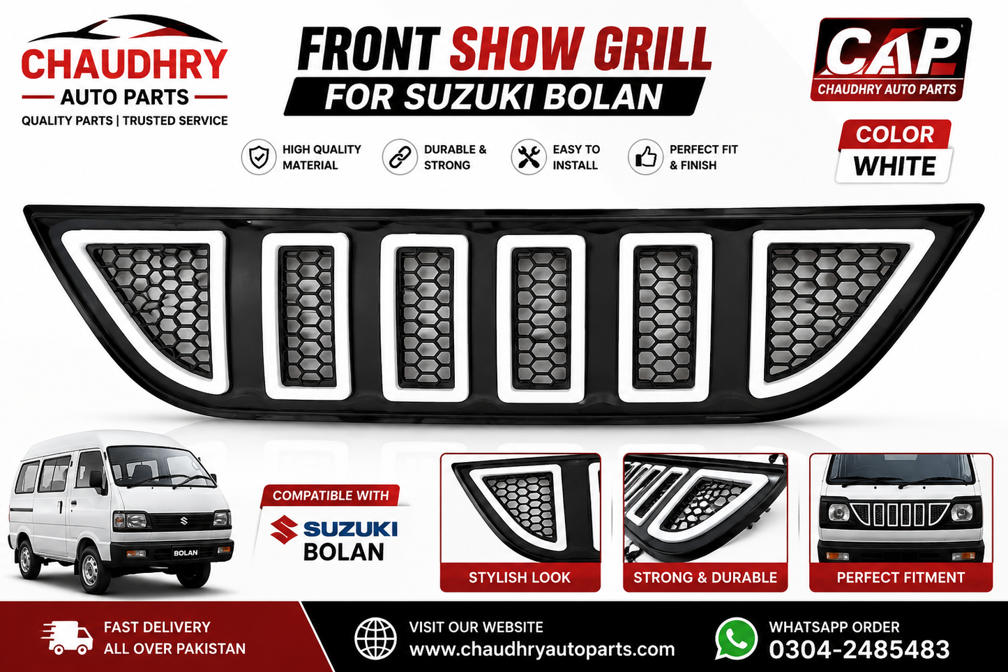Suzuki Bolan Front Show Grill White | Premium Decorative Front Grille with DRL Style | Stylish Front Grill for Suzuki Bolan