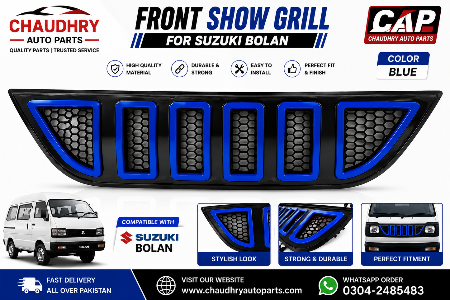 Suzuki Bolan Front Show Grill Blue & Black | Premium Decorative Front Grille | Stylish Custom Grill for Suzuki Bolan