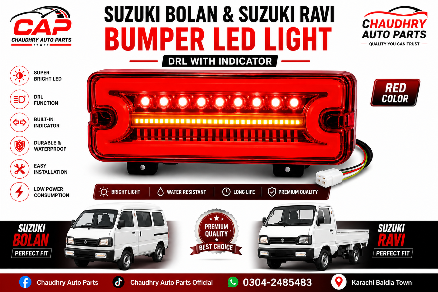 Suzuki Bolan & Suzuki Ravi Red LED Bumper DRL Light with Built-in Indicator | Premium Quality