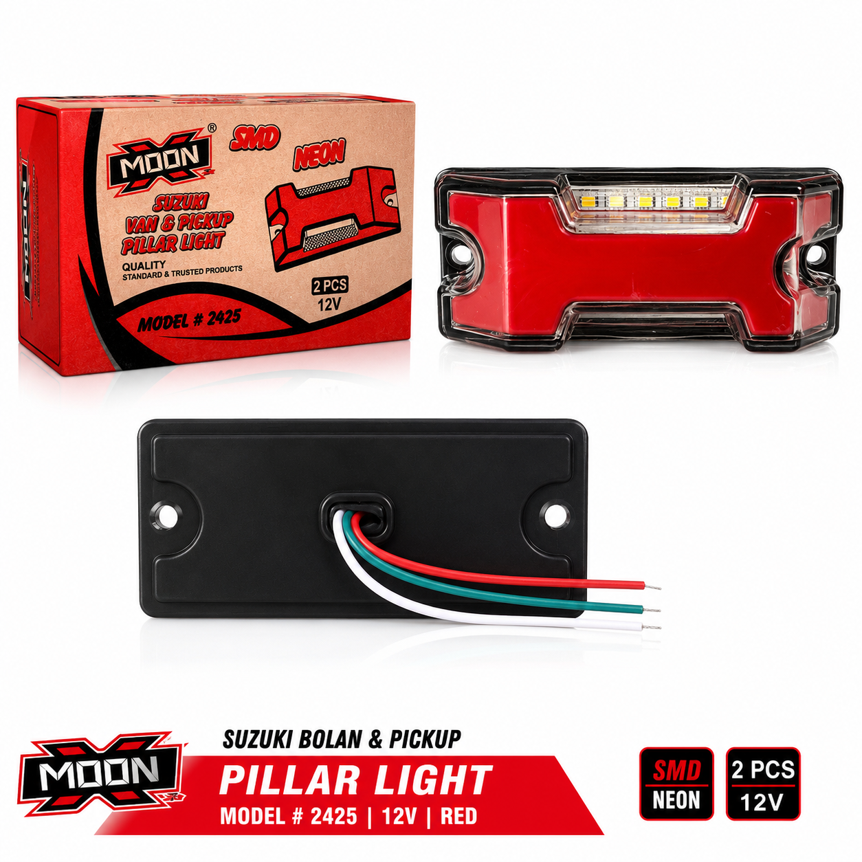 MOON Suzuki Bolan & Ravi Pickup Red SMD Neon Pillar Light 12V (2 PCS) – Model 2425