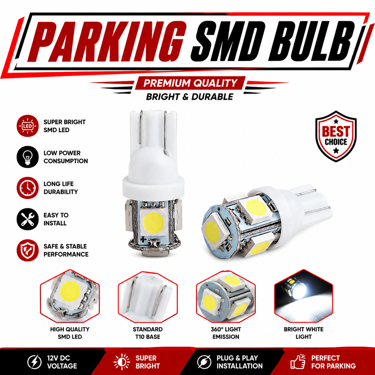 T10 White Parking SMD LED Bulb 12V – Super Bright 5 SMD Wedge Light for Car Parking, Dashboard & Interior (2 PCS)