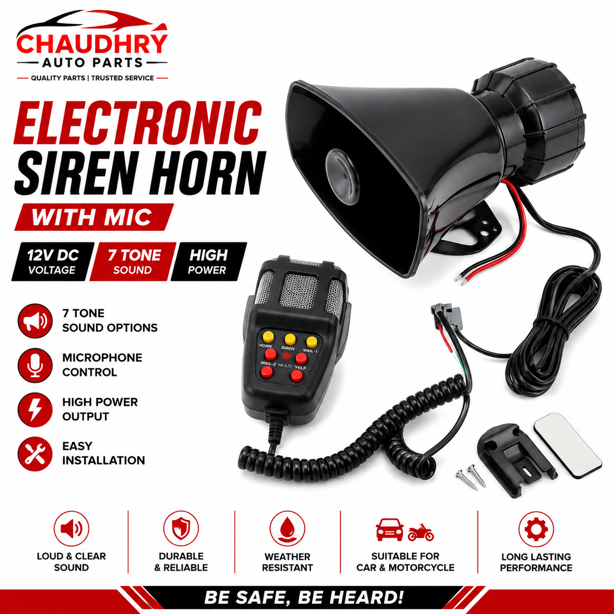 Electronic Siren Horn with Microphone – 12V DC 7 Tone High Power Siren for Cars & Motorcycles