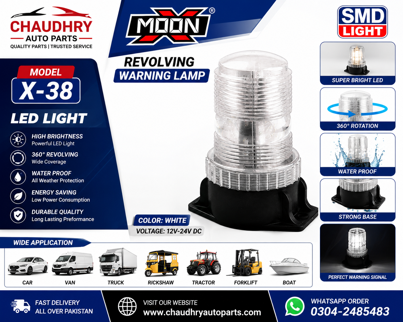 MOON X-38 Revolving LED Warning Flasher Light White | 12V–24V Emergency Beacon Lamp