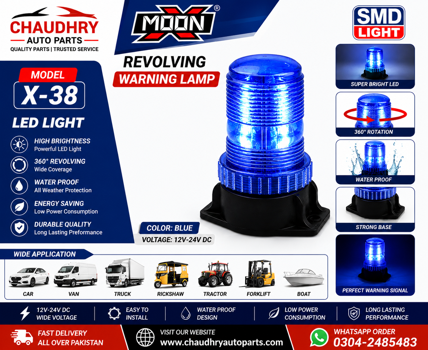 MOON X-38 Revolving LED Warning Flasher Light Blue | 12V–24V Emergency Beacon Lamp