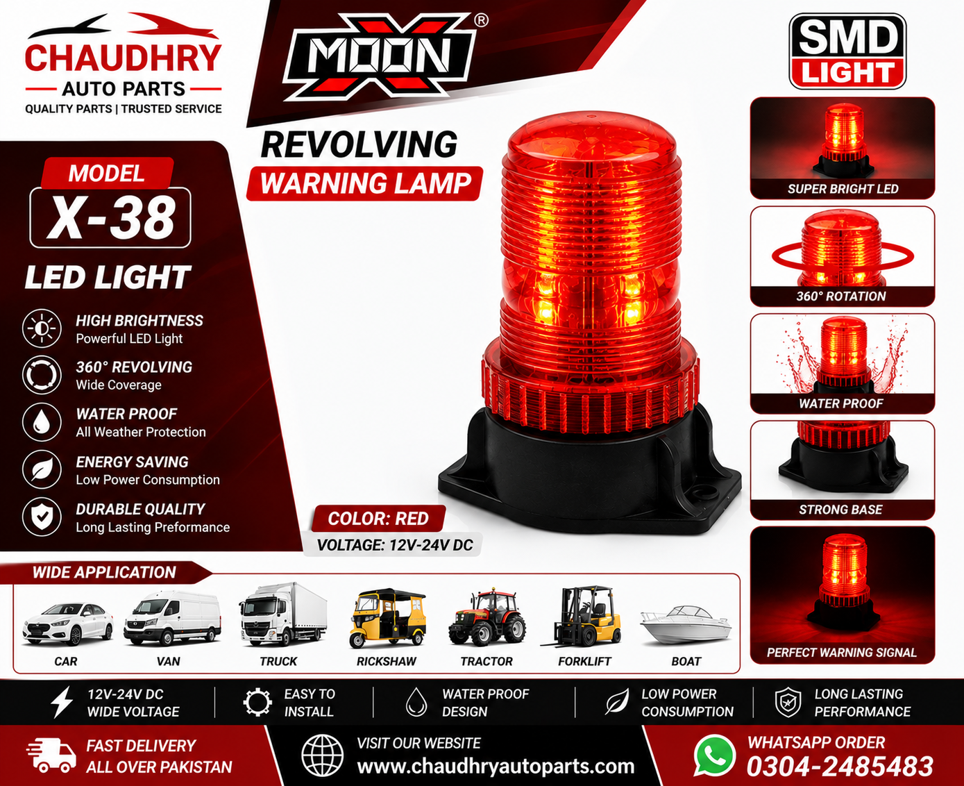 MOON X-38 Revolving LED Warning Flasher Light Red | 12V–24V Emergency Beacon Lamp