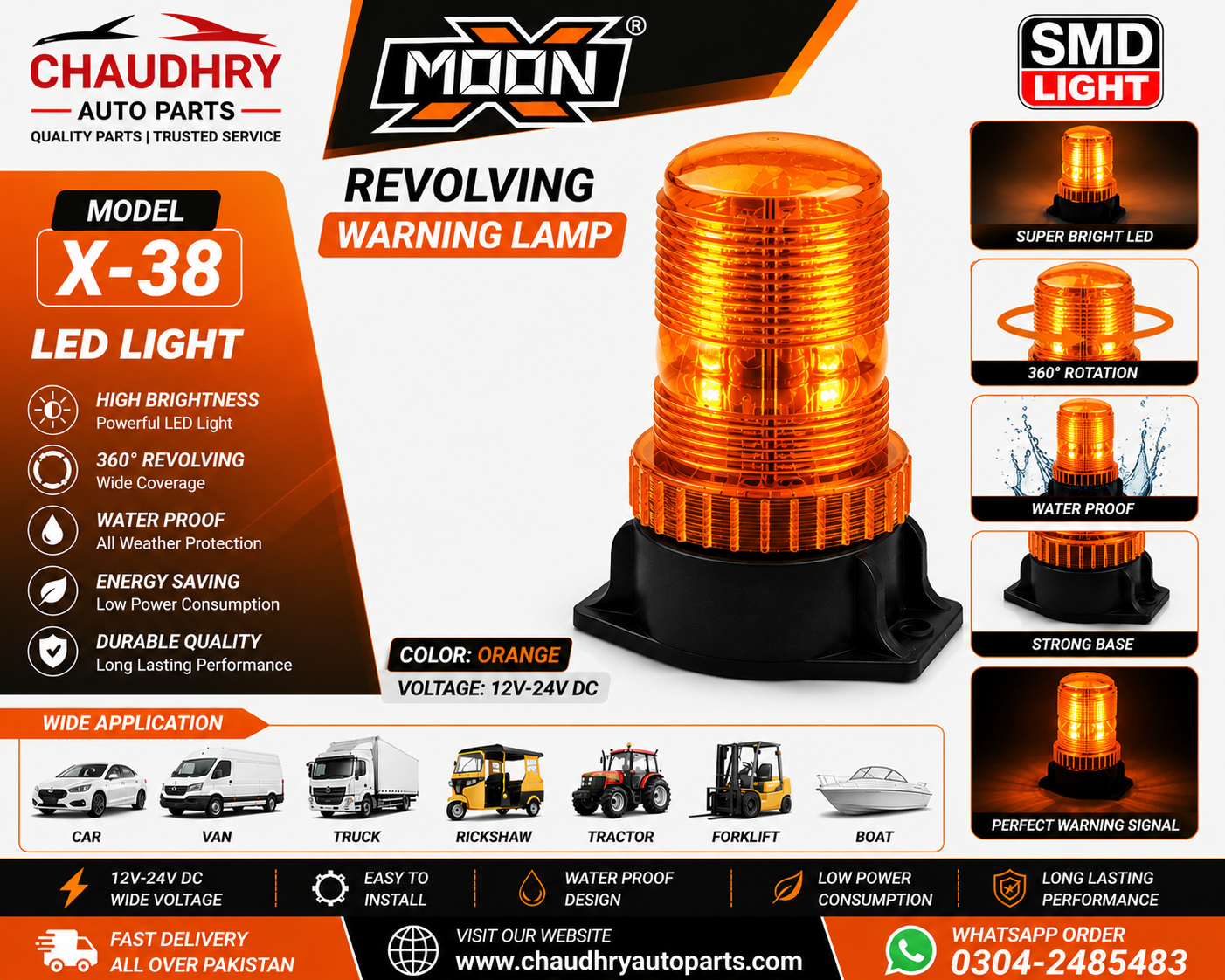 MOON X-38 Orange Revolving LED Warning Lamp 12V/24V | Waterproof Flashing Beacon Light for Car, Truck, Tractor & Emergency Vehicles