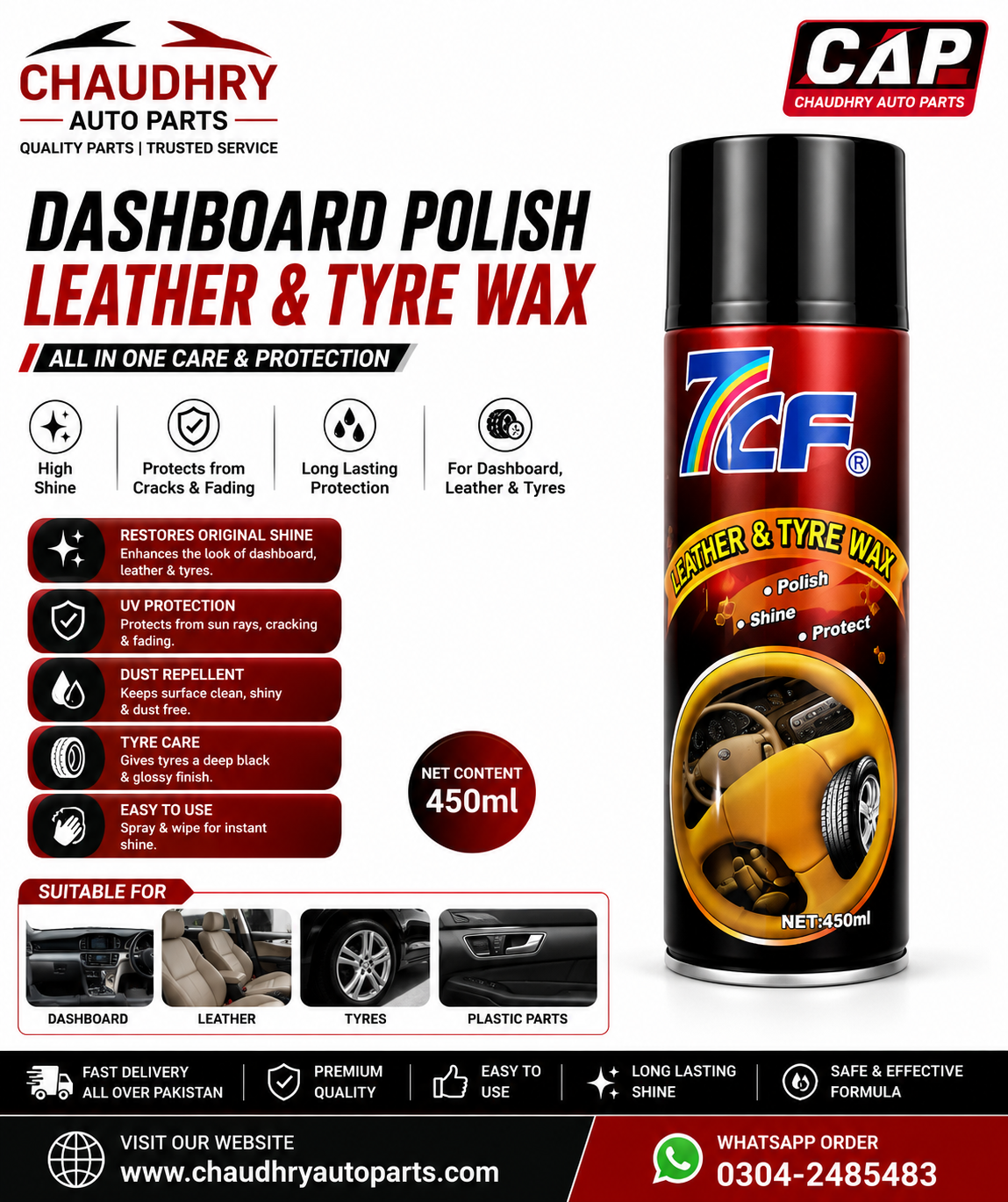 7CF Dashboard Polish Leather & Tyre Wax Spray 450ml | Interior Shine & Tyre Protector | Car Care | CAP
