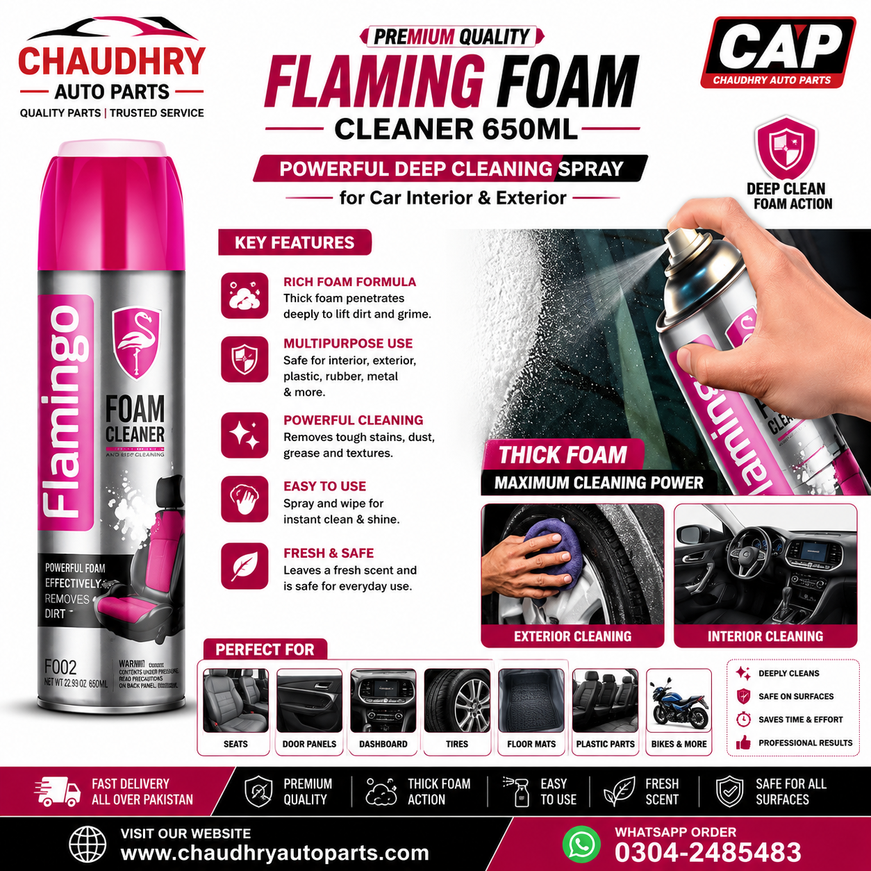 Flamingo Foam Cleaner Spray 650ml | Multipurpose Car Interior & Exterior Cleaning Foam | Deep Cleaning Aerosol | CAP