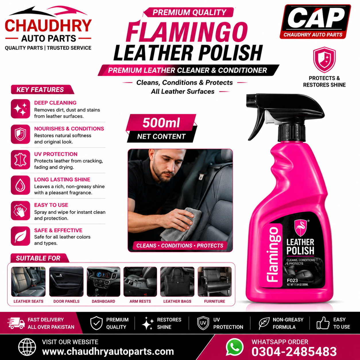 Flamingo Leather Polish 500ml | Premium Leather Cleaner & Conditioner Spray | Restores Shine & Protects Leather | CAP