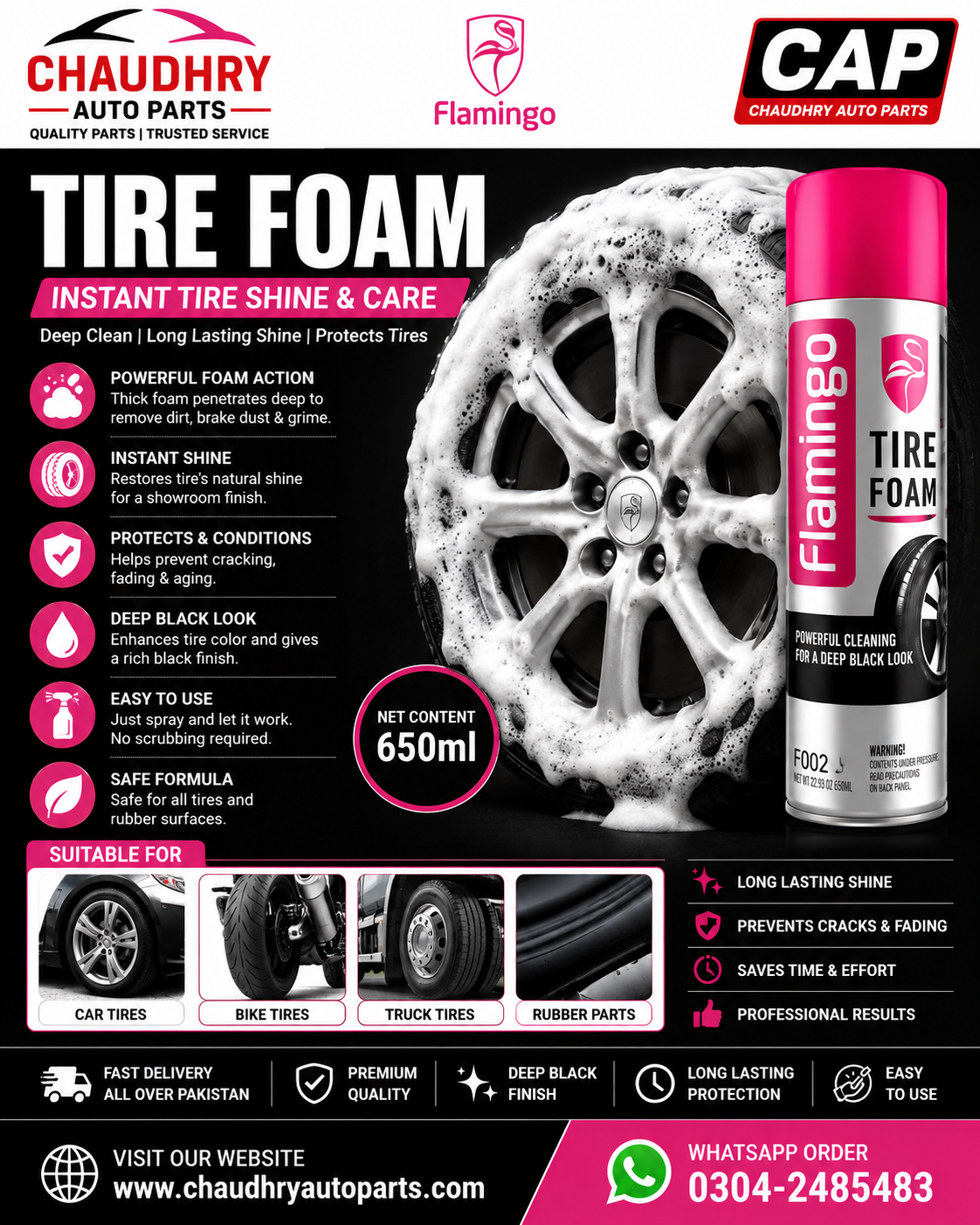 Flamingo Tire Foam Spray 650ml – Instant Tire Shine & Cleaner | Deep Black Finish | Car & Bike Tire Care