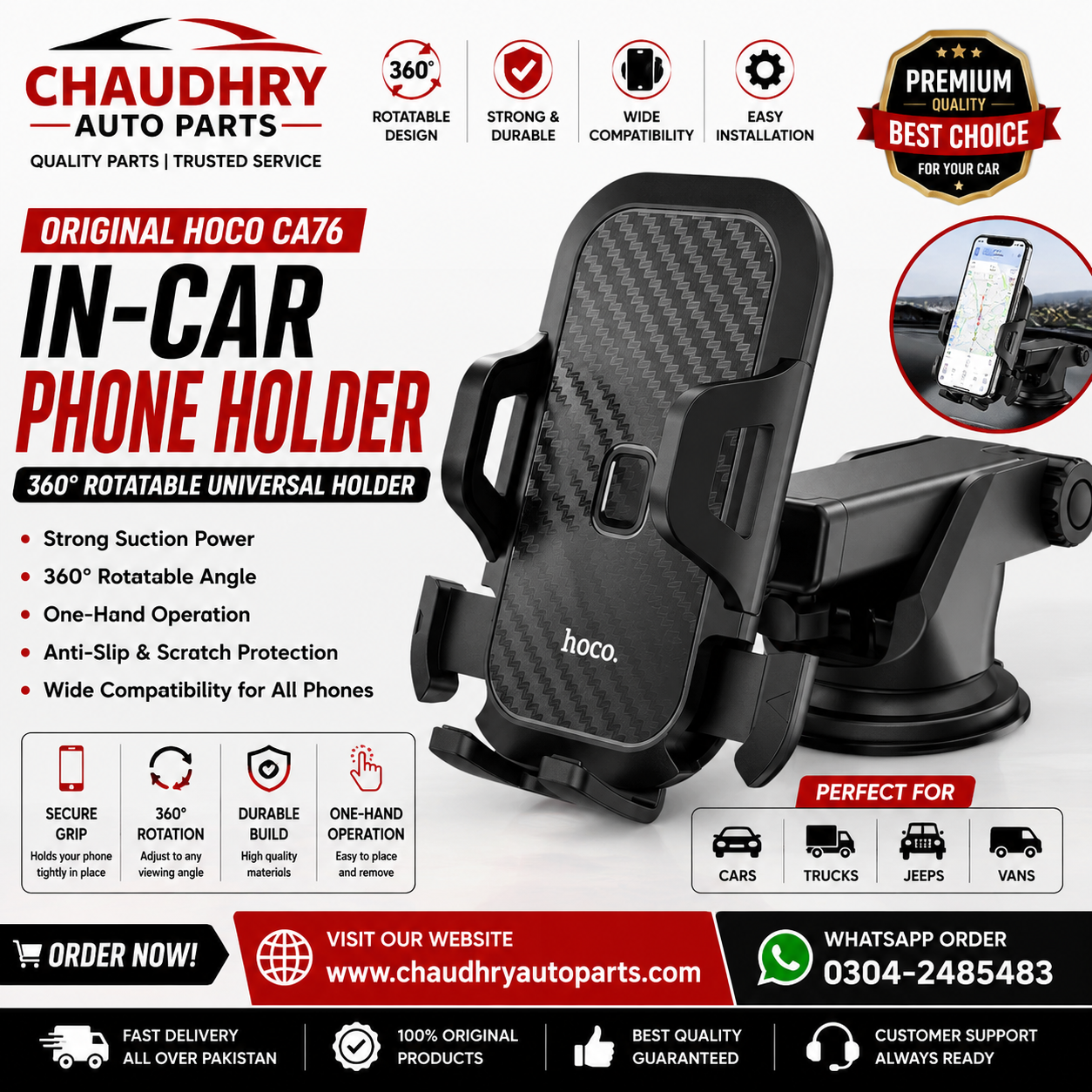 Original HOCO CA76 Car Phone Holder – 360° Rotatable Dashboard & Windshield Mobile Mount