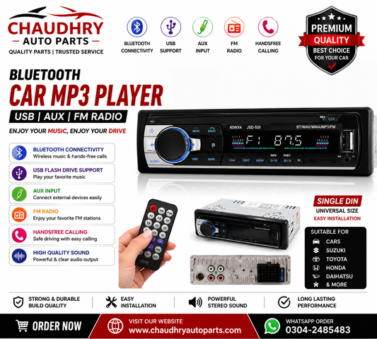 Bluetooth Car MP3 Player | USB, AUX, FM Radio | Single DIN Stereo