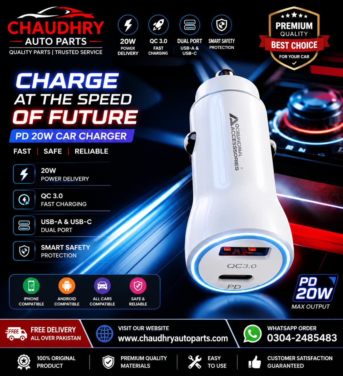 Original G-120 PD 20W Fast Car Charger – USB-C PD & USB-A QC3.0 Dual Port Car Charger