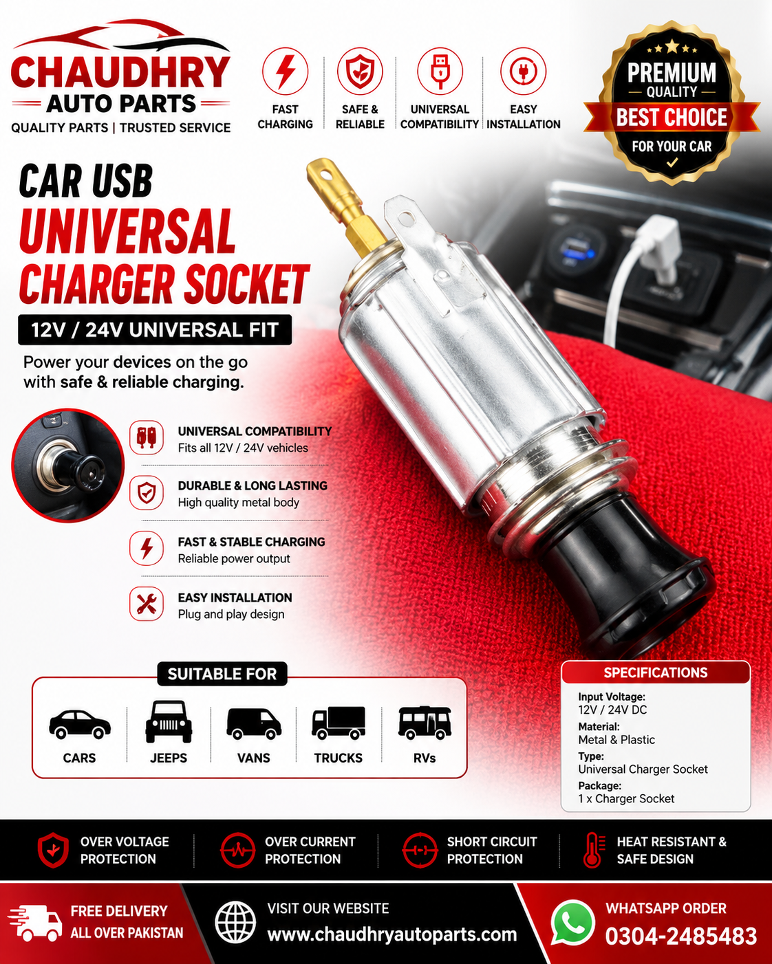 Universal Car USB Charger Socket 12V/24V – Power Outlet Socket for Cars & Bikes